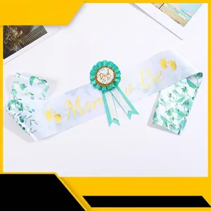 Blue Mom To Be sash and Dad To Be badge set for gender reveal baby shower party
