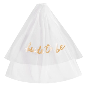 Detail of white double-layer bridal veil with gold bride to be foil lettering and comb