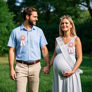 Mom To Be Baby Shower set with gold headband, floral sash, and matching pin badges