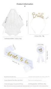 Detailed size specifications for Bride to Be headband, veil, sash, and badge kit