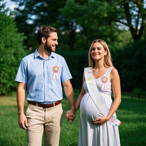 Floral Mom To Be sash and pink Dad To Be badges set for gender reveal party