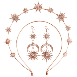 Parure tiare céleste et boucles d'oreilles étoiles or rose serties de strass