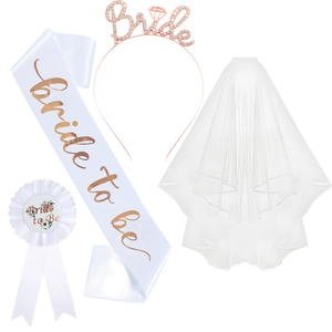 Detail of rose gold Bride to be sash, tiara, veil and badge bridal shower set