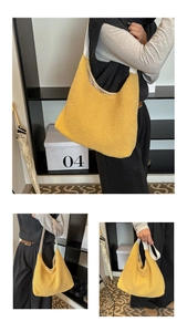 Close-up of fluffy yellow plush tote bag showing soft teddy fleece texture and strap