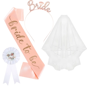 Bride To Be Bachelorette Party Set 4 Pieces Satin Sash Rhinestone Headband Double Layer Veil Badge Bridal Shower Supplies