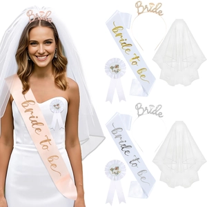 4-piece Bride to Be set with double-layer white veil, sash, headband and badge
