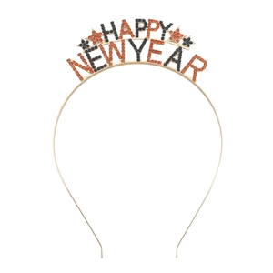 Golden metal Happy New Year headband with black and orange rhinestones for holiday parties