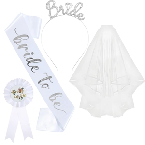 Bride to be party set with white satin sash, rhinestone headband, veil and badge