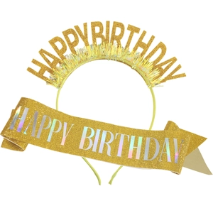 Set serre-tête et écharpe Happy Birthday à paillettes dorées pour fête d'anniversaire