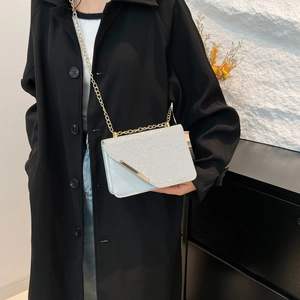 Elegant silver sequin crossbody chain bag shown on a black coat for women in 2024
