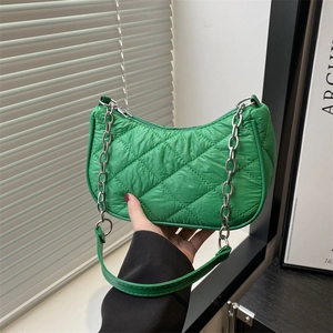 Women Quilted Nylon Diamond Lattice Underarm Bag Fashion Trendy Chain Shoulder Small Square Handbag Casual Daily Puffy Bag
