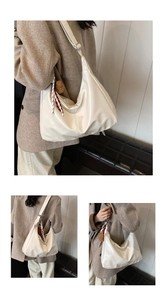 White large capacity PU leather tote bag with red ribbon and plush ball charm detail