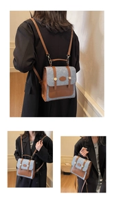 Detail showing the gray wool and brown leather patchwork texture and adjustable straps