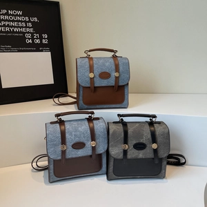 Vintage denim patchwork backpacks for women with leather trim and gold studs decoration