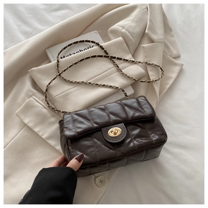 Detailed view of dark brown quilted crossbody bag with gold chain strap and twist lock