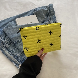 Damen Gesteppte Baumwolle Clutch Tasche Schleife Bestickt Minimalistische Make-up Kulturbeutel Mode Handgehaltene Aufbewahrungstasche