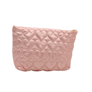 Pink heart quilted makeup bag in glossy satin finish with gold zipper for travel