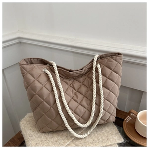 Grand Sac Matelassé Losange Décontracté pour Femmes Sac à Épaule Rembourré en Coton Avec Poignée en Corde Grande Capacité Automne Hiver