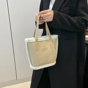Chic beige suede tote bag with white faux shearling trim and FASHION label