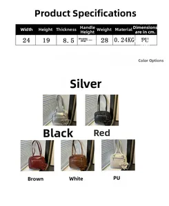 Size guide for PU shoulder bag showing dimensions 24x19x8.5cm and color options