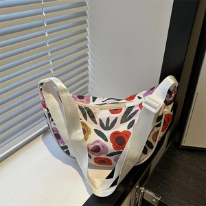 Fashion Floral Print Canvas Half Moon Shoulder Bag For Women Large Capacity Striped Printed Crossbody Bag Commuter Underarm Bag