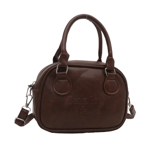 Retro dark brown leather crossbody handbag with Lucky OHIO Cornu embossed design