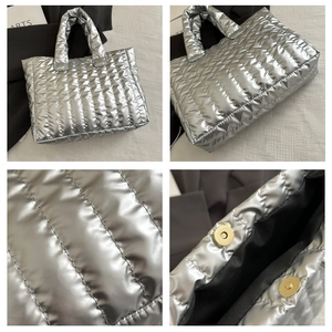 Detail shots of silver quilted puffy tote bag featuring magnetic closure and padded texture