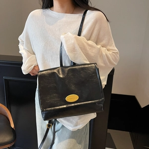 Vintage black oil wax leather large capacity backpack with gold logo for women