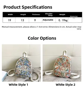 Detailed size specifications for a floral mini PU backpack measuring 19cm by 13cm x 9cm