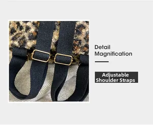 Détail de la bandoulière réglable en toile et boucle dorée sur le sac en peluche léopard