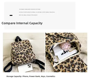 Sac à dos en peluche léopard montrant l'espace pour téléphone, livres et accessoires