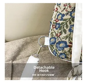 Detail of floral jacquard bag with detachable white leather strap and silver hooks
