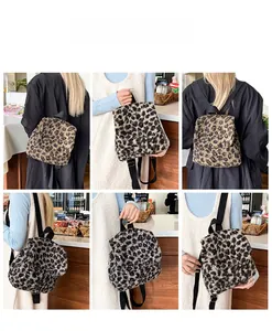 Photos de style de vie du grand sac à dos en peluche léopard avec sangles en nylon