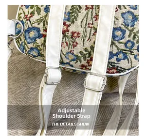 Detail view of adjustable white faux leather straps on a floral jacquard backpack