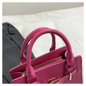 Detailed close-up of fuchsia structured handbag with golden hardware and zipper detail