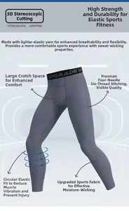 Detailed close-up of grey compression pants showing reinforced seams and elastic waist