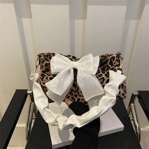 Women Fashion Leopard Print Shoulder Bag With Large Bowknot Ruffled Handle Nylon Underarm Baguette Bag Fashion Purse Gift