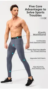 Detailed view of reinforced stitching and breathable fabric on gray men's sports tights
