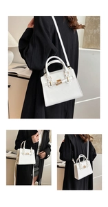 Detailed views of a white structural Kelly style handbag with gold hardware and strap