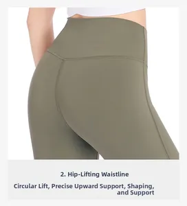 Détail du pantalon de yoga évasé à taille haute en V vert olive pour l'effet galbant