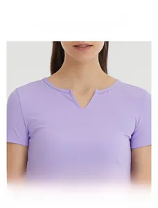 Close-up of the lavender yoga shirt showing the V-neckline and breathable knit fabric