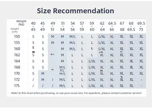 Size recommendation chart for women's yoga top covering height 150-175cm and weight 40-75kg