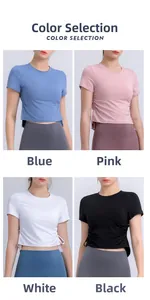 Collage of four short-sleeve yoga crop tops featuring side drawstring details in four colors
