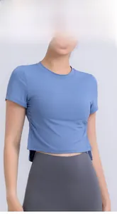 Detail view of smog blue sports t-shirt with side drawstring and breathable quick-dry fabric