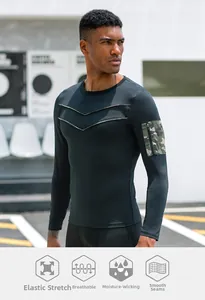 Detail of men's black compression shirt with camo zipper pocket and breathable icons