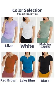 Color selection of ruched slim-fit yoga t-shirts in lilac, green, blue, and black shades