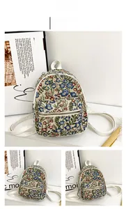 Detailed views of a white floral mini backpack with front pocket and side perspective