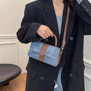 Minimalist denim and brown leather crossbody bag with top handle for women