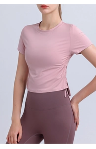 Detail of adjustable drawstring on breathable quick-dry yoga crop top for women