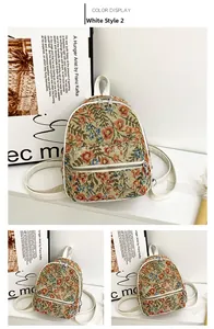 Detail of floral tapestry mini backpack with white faux leather straps and silver zippers